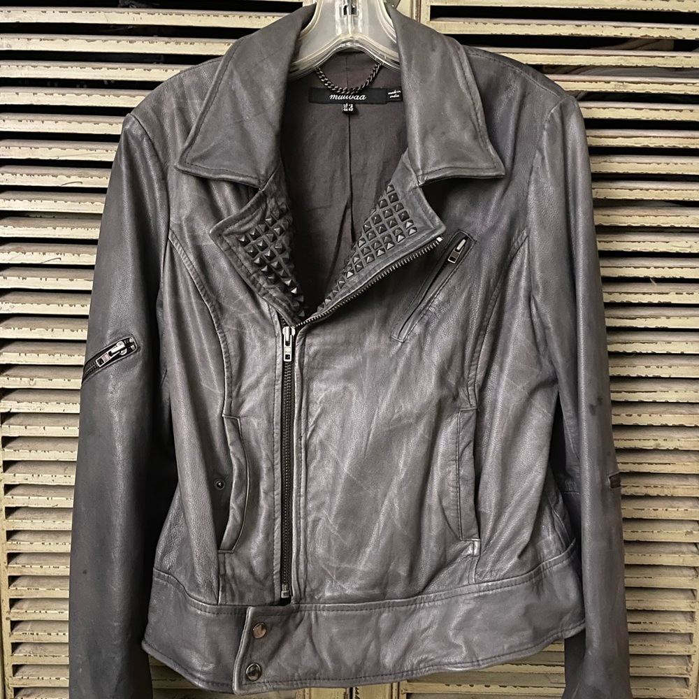 Muubaa gray leather studded biker moto jacket - Picture 2 of 10